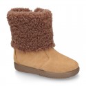 Suede leather ankle boot shoes with fake hair neck design.