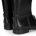 Knee high rain boot shoes ridding style with buckle detail in large sizes.