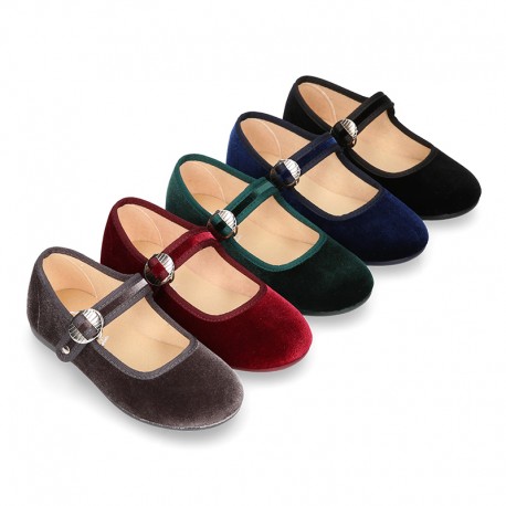 New Velvet canvas Mary Jane shoes with Japanese buckle fastening.