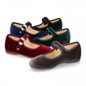 New Velvet canvas Mary Jane shoes with Japanese buckle fastening.