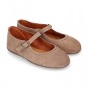 Girl Mary Jane shoes in suede leather with perforated design and buckle fastening.