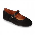 Girl Mary Jane shoes in suede leather with perforated design and buckle fastening.