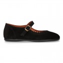 Girl Mary Jane shoes in suede leather with perforated design and buckle fastening.