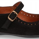 Girl Mary Jane shoes in suede leather with perforated design and buckle fastening.