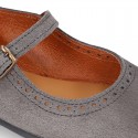 Girl Mary Jane shoes in suede leather with perforated design and buckle fastening.