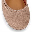 Girl Mary Jane shoes in suede leather with perforated design and buckle fastening.