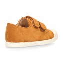 Kids suede leather Tennis type shoes with laceless and toe cap in TAN color.