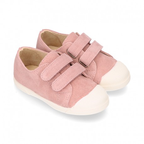 Kids suede leather Tennis type shoes laceless and with toe cap in PINK color.