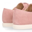 Kids suede leather Tennis type shoes laceless and with toe cap in PINK color.