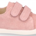 Kids suede leather Tennis type shoes laceless and with toe cap in PINK color.