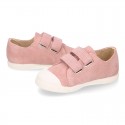 Kids suede leather Tennis type shoes laceless and with toe cap in PINK color.