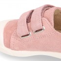 Kids suede leather Tennis type shoes laceless and with toe cap in PINK color.