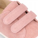 Kids suede leather Tennis type shoes laceless and with toe cap in PINK color.