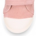 Kids suede leather Tennis type shoes laceless and with toe cap in PINK color.