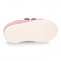 Kids suede leather Tennis type shoes laceless and with toe cap in PINK color.