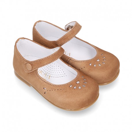 FLOWER design Girl Halter little Mary Jane shoes with button clip closure in soft suede leather.