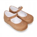 FLOWER design Girl Halter little Mary Jane shoes with button clip closure in soft suede leather.