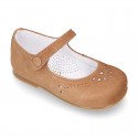 FLOWER design Girl Halter little Mary Jane shoes with button clip closure in soft suede leather.