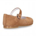 FLOWER design Girl Halter little Mary Jane shoes with button clip closure in soft suede leather.