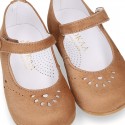 FLOWER design Girl Halter little Mary Jane shoes with button clip closure in soft suede leather.