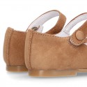 FLOWER design Girl Halter little Mary Jane shoes with button clip closure in soft suede leather.