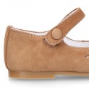 FLOWER design Girl Halter little Mary Jane shoes with button clip closure in soft suede leather.