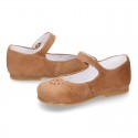 FLOWER design Girl Halter little Mary Jane shoes with button clip closure in soft suede leather.