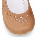 FLOWER design Girl Halter little Mary Jane shoes with button clip closure in soft suede leather.
