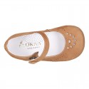 FLOWER design Girl Halter little Mary Jane shoes with button clip closure in soft suede leather.