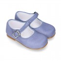 BLUE Soft suede leather little Mary Jane shoes with buckle fastening.