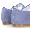 BLUE Soft suede leather little Mary Jane shoes with buckle fastening.