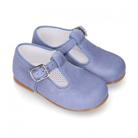 BLUE Soft suede leather little T-Strap shoes with buckle fastening.