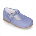 BLUE Soft suede leather little T-Strap shoes with buckle fastening.