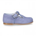 BLUE Soft suede leather little T-Strap shoes with buckle fastening.