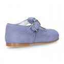 BLUE Soft suede leather little T-Strap shoes with buckle fastening.