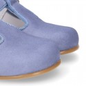 BLUE Soft suede leather little T-Strap shoes with buckle fastening.