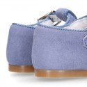 BLUE Soft suede leather little T-Strap shoes with buckle fastening.