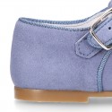 BLUE Soft suede leather little T-Strap shoes with buckle fastening.