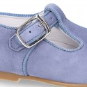 BLUE Soft suede leather little T-Strap shoes with buckle fastening.