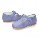 BLUE Soft suede leather little T-Strap shoes with buckle fastening.