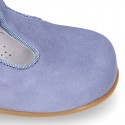 BLUE Soft suede leather little T-Strap shoes with buckle fastening.