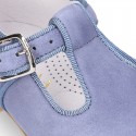 BLUE Soft suede leather little T-Strap shoes with buckle fastening.