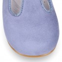 BLUE Soft suede leather little T-Strap shoes with buckle fastening.