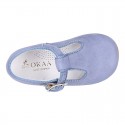 BLUE Soft suede leather little T-Strap shoes with buckle fastening.