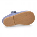 BLUE Soft suede leather little T-Strap shoes with buckle fastening.