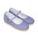 BLUE Soft suede leather little Stylized Mary Jane shoes with hook and loop closure.