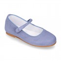 BLUE Soft suede leather little Stylized Mary Jane shoes with hook and loop closure.