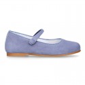 BLUE Soft suede leather little Stylized Mary Jane shoes with hook and loop closure.