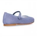 BLUE Soft suede leather little Stylized Mary Jane shoes with hook and loop closure.