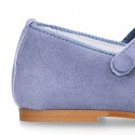 BLUE Soft suede leather little Stylized Mary Jane shoes with hook and loop closure.